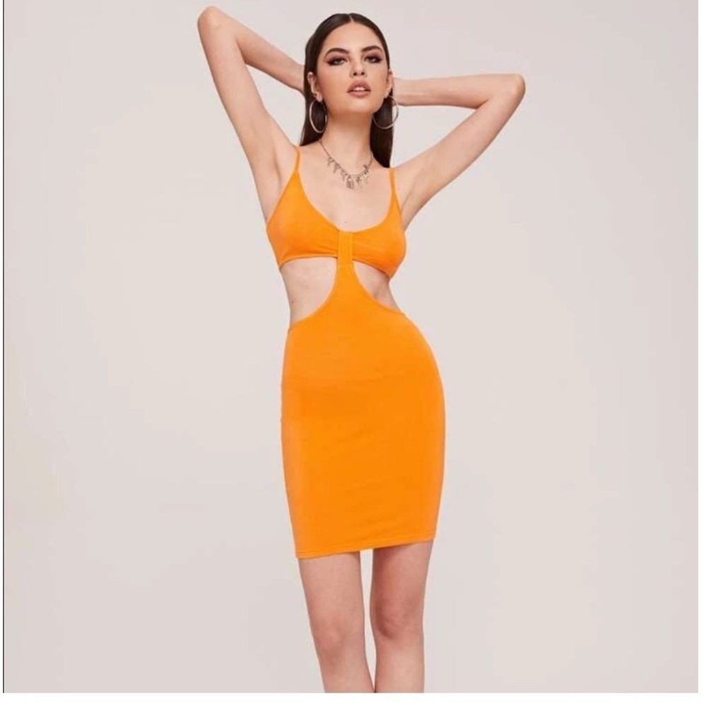Orange Mini Bodycon Dress Cut Out Sleeveless Spaghetti Strap Summer  Size L-New